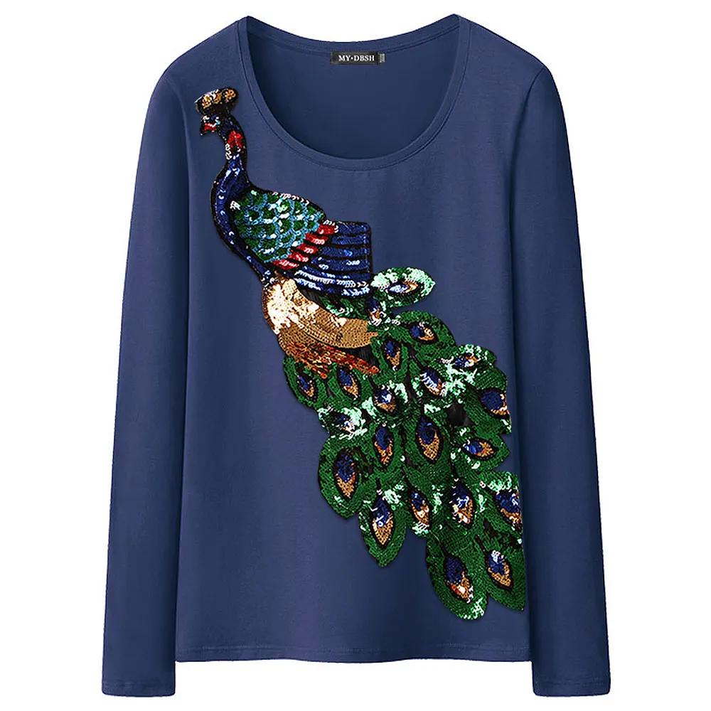 2021 женские хлопковые футболки с длинным рукавом топы вышивкой павлином и