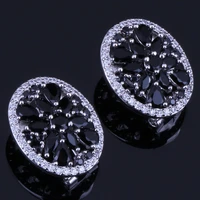 unique black cubic zirconia white cz silver plated clip hoop huggie earrings v0377