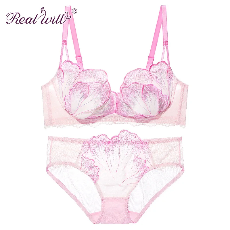 Realwill пикантные mujer encaje bordado Rosa vendaje Цветочные грех relleno sujetador цветочный Беспроводная Регулировка дамы комплект с бюстгальтером - Цвет: Розовый