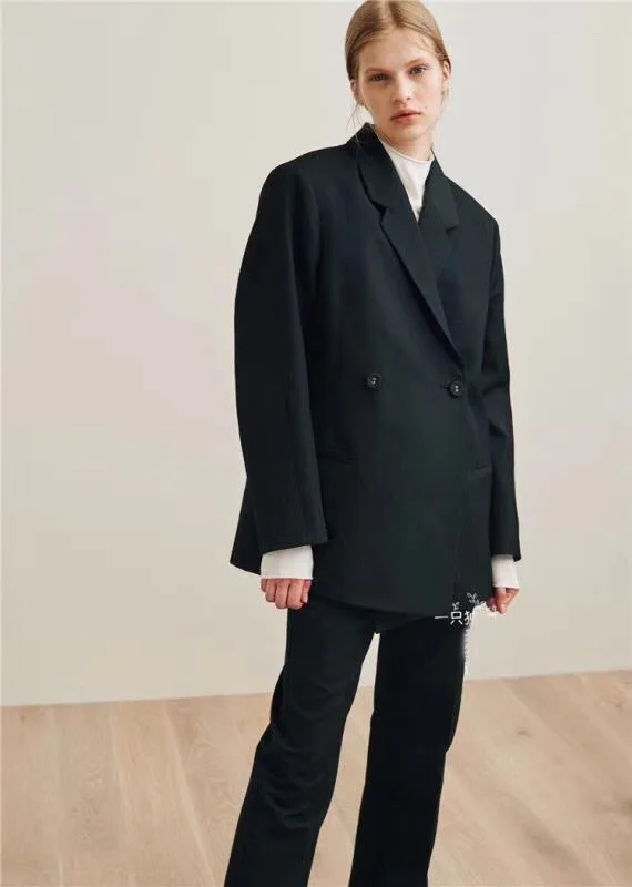 Женский двубортный Блейзер Loreo черный шерстяной пиджак большого размера