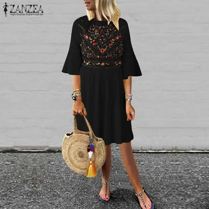 Black 2 Женское летнее платье, ZANZEA, винтажное, с принтом, женское, длинное, макси, Vestidos, повседневное, свободное, с оборками, сарафан размера плюс - Цвет: Black 2