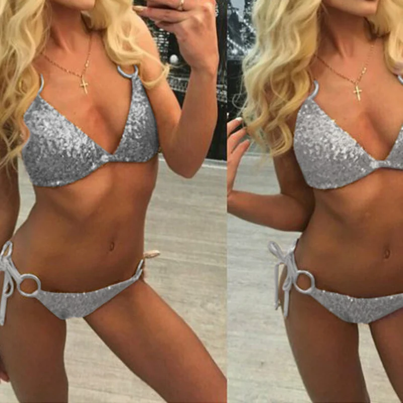 

Hot Sexy Women Bikinis Sequins Bandage Bikinis Set Push-up Padded Bra Swimsuit Suit Beach Summer Swimwear DO2