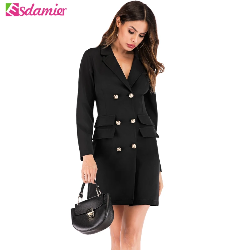 Женский мини костюм ESDAMIER черный двубортный блейзер с карманами офисный деловой