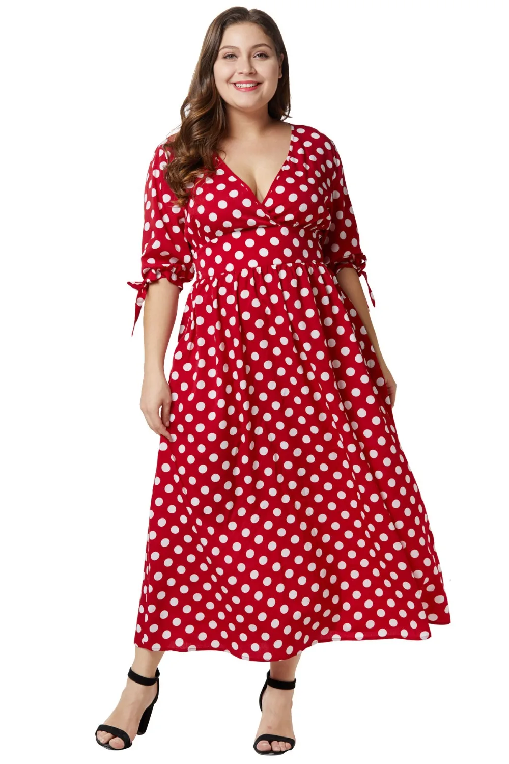 Плюс Размеры летнее платье Для женщин V шеи Половина рукава в горошек бохо