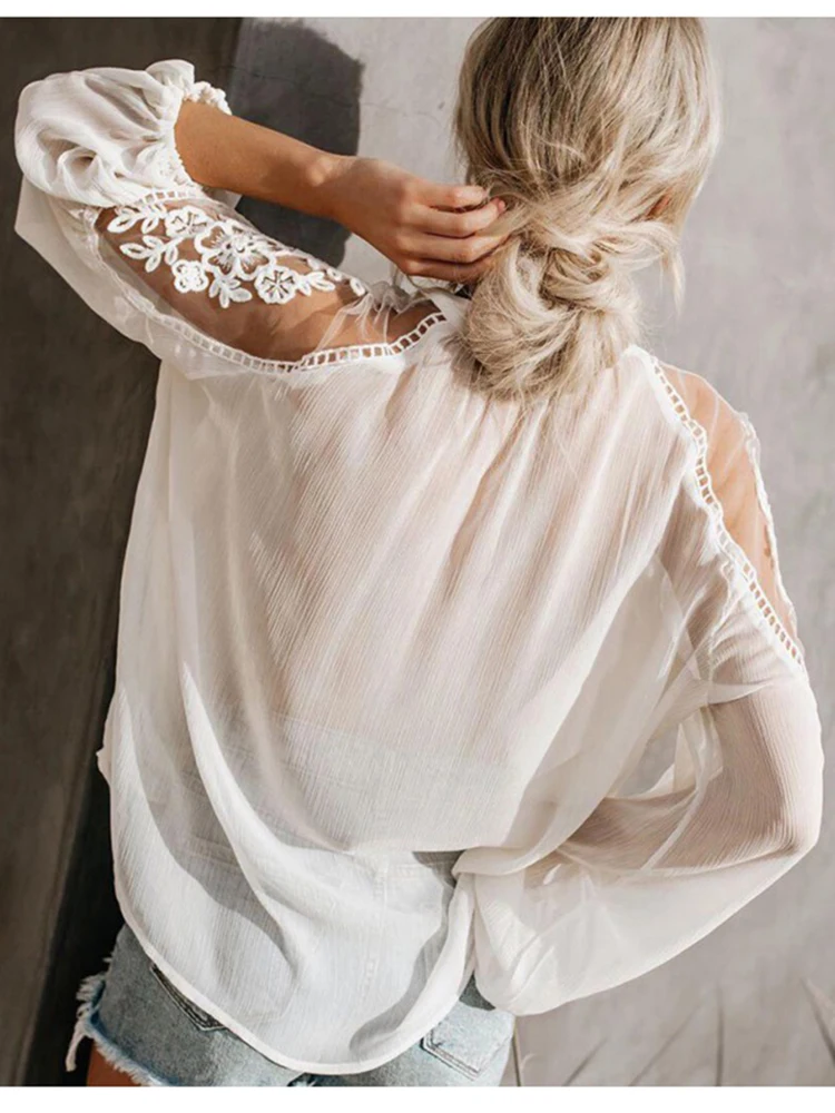 Блузка женская с V-образным вырезом повседневная Прозрачная Кружевная сетчатая