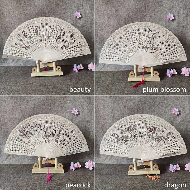 1Pcs Chinese wood carving printing Vintage antique craft fan Incense wood lady folding fan