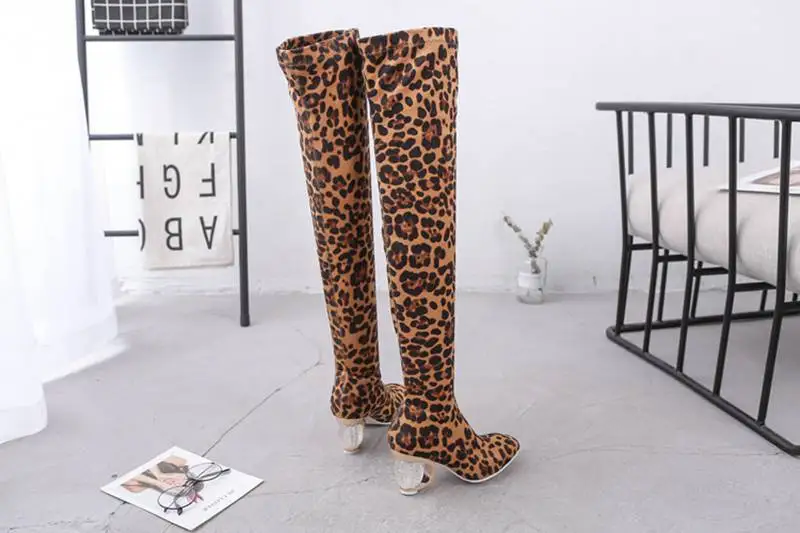 SIMLOVEYO Winter Autumn Winter Stretch Thigh high boots Leapord Strange heel Suede leather Round toe Slip on Shoes women Size 44