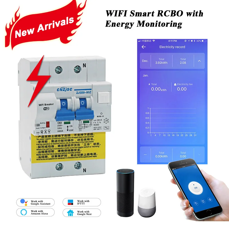 2pcs wifi смарт RCBO прерыватель цепи при утечке на землю с контролем энергии совместим с Amazon Alexa, Google для умного дома