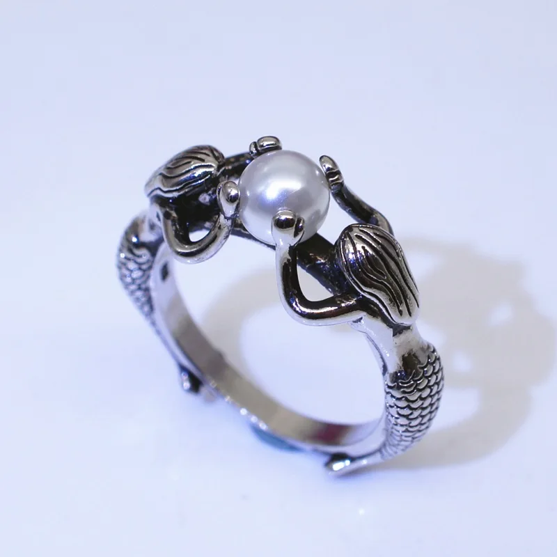 

OMHXZJ Wholesale European Fashion Woman Girl Party Wedding Gift Silver White Mermaid Pearl 925 Sterling Silver Ring RR01