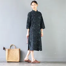 SCUWLINEN Vestidos, женское весеннее летнее платье, винтажное, с принтом, на кнопках, три четверти, свободное льняное платье, Повседневное платье S299