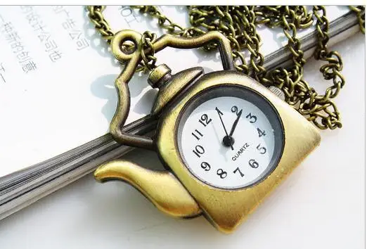 

Hot sales Vintage bronze jewelry kettle quartz ocket watch necklace with chain Kid pendant gift