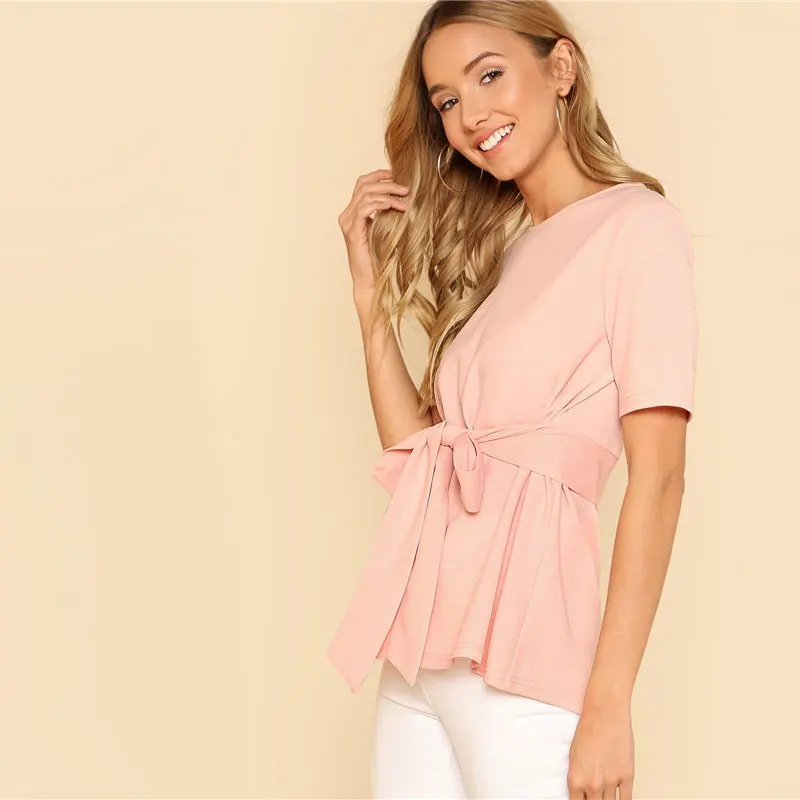SHEIN Однотонная Блуза С Поясом Женские Летние Элегантные Блузки С Коротким Рукавом