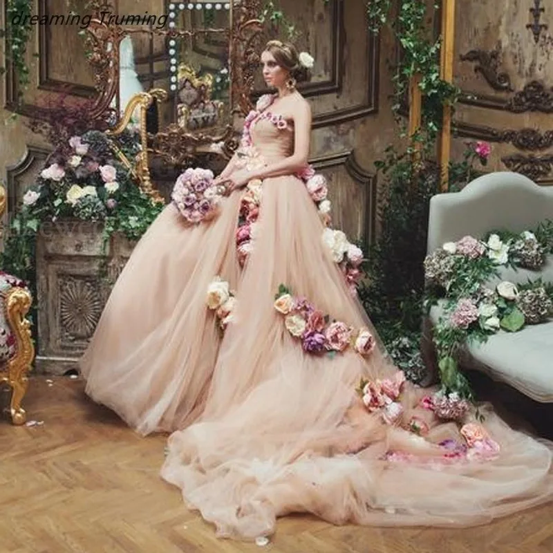 Весна Лето 3D цветок Румяна Розовые Свадебные платья Tutu пышные тюлевые Свадебные платья на шнуровке Плюс Размер Vestido De Noiva