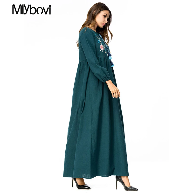 Casual Maxi Dress Green Embroidered 4XL Long Sleeve Moroccan Kaftan Dubai Abaya Islam Turkish Caftan Islamic Clothing Plus|Женские