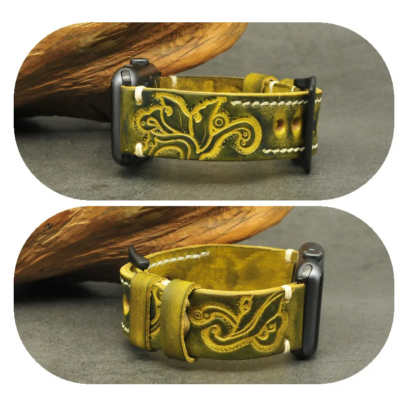 Hand-stitched Genuine Leather Watch strap Carved Embossed Watch Bands Belt with Stainless Steel Black Buckle 20mm 22mm 24mm