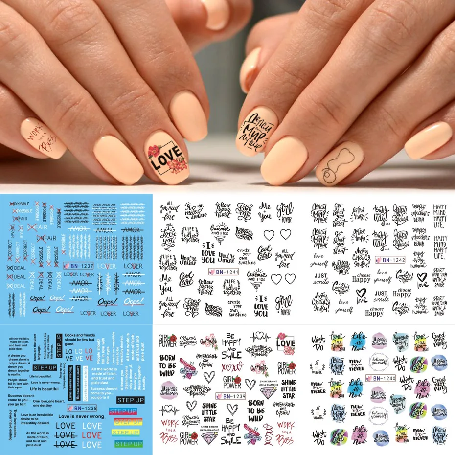 1pcs Stickers On Nails Letter Design Water Sliders Black Abstract Line Image Nail Art Transfer Decal Manicure Tips JIBN1237-1242