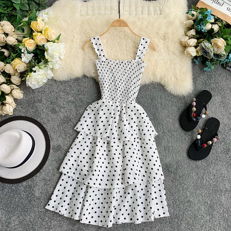 ALPHALMODA/Новинка платье принцессы с оборками в горошек летнее на бретелях Новинка