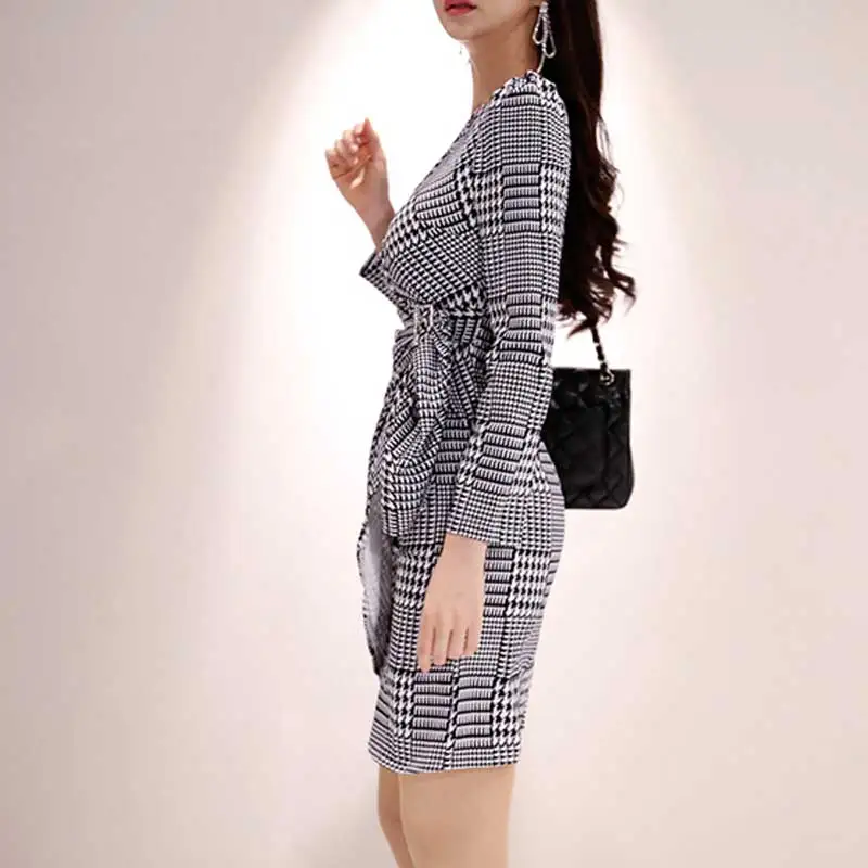 Summer Women Dress 2019 Sexy Bodycon Elegant Plaid Mini Long sleeve v neck Sashes Bandage party Korean style Club Wrap | Женская одежда