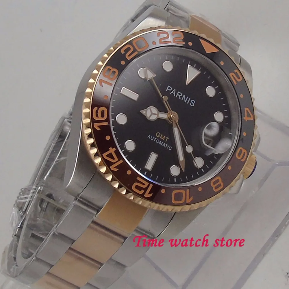 Мужские автоматические часы Parnis 40 мм GMT 3804 Роскошные водонепроницаемые стальные
