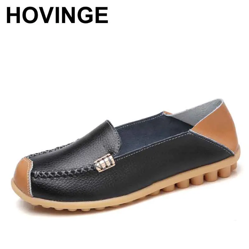 

HOVINGE Women Ballet Flats Genuine Leather Round Toe Moccasins Slip On Summer Loafers Antiskid Casual Shoes Chaussure Femme