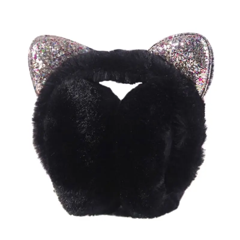 

Women Girls Hamburger Shape Foldable Earmuffs Faux Fur Candy Color Cute Glitter Sequins Cat Ears Earflap Ear Cover
