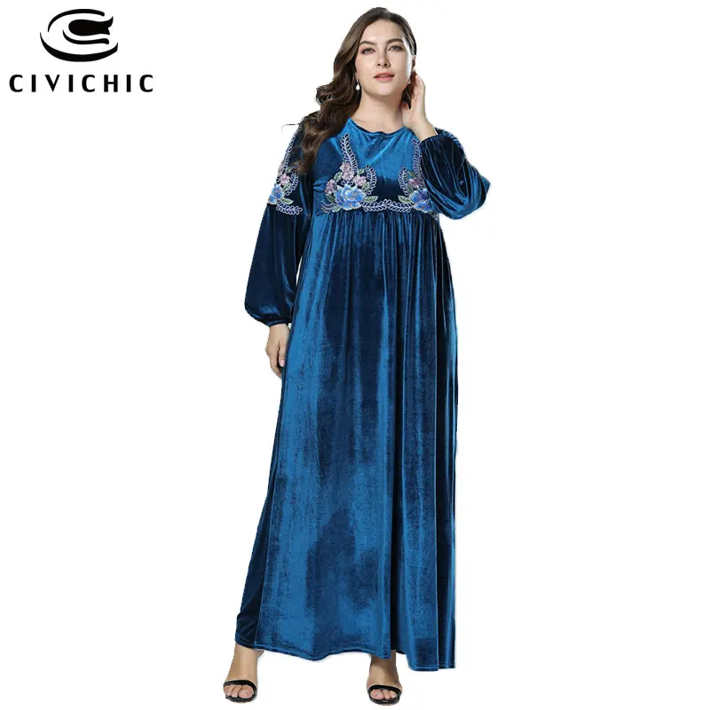CIVICHIC Plus Size Winter Robe Femme Ethnic Floral Embroidery Maxi Dress Retro Elegant Women Gown Flannel Velvet Vestidos DRS224 | Женская