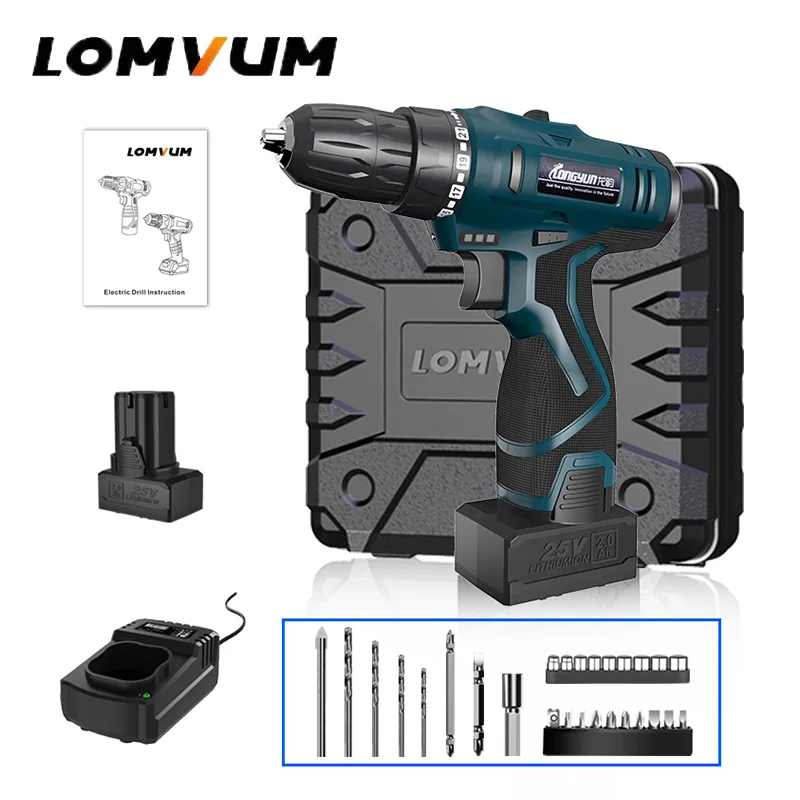 25V 2 Battery PC PJ LOMVUM 25 в двойная скорость аккумуляторная отвертка 2 батареи электрическая мини дрель светодиодный светильник индикатор питания Нескользящая ручка PC LZ - Цвет: 25V 2 Battery PC PJ