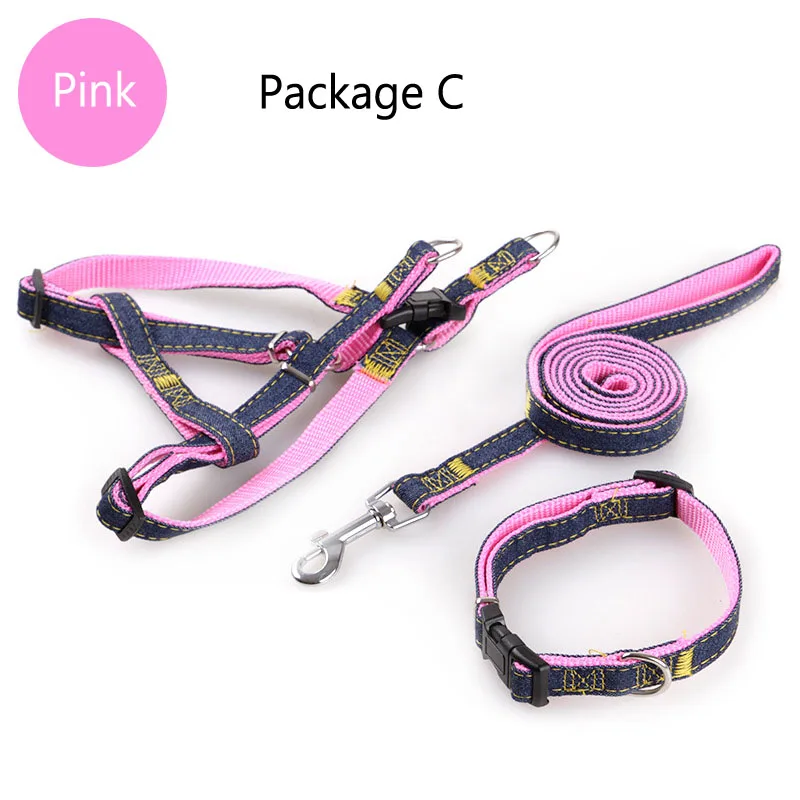 Package C Pink Ремни для домашних животных джинсовый ошейник нагрудный ремень набор веревок для занятий спортом на открытом воздухе, безопасность поводок для маленьких и крупных собак кошка s m l xl тканевые цепи для собак - Цвет: Package C Pink