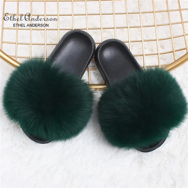 Dark Green Новинка года; шлепанцы с натуральным лисьим мехом; шлепанцы для дома и улицы; женские меховые сандалии; обувь на плоской подошве; - Цвет: Dark Green