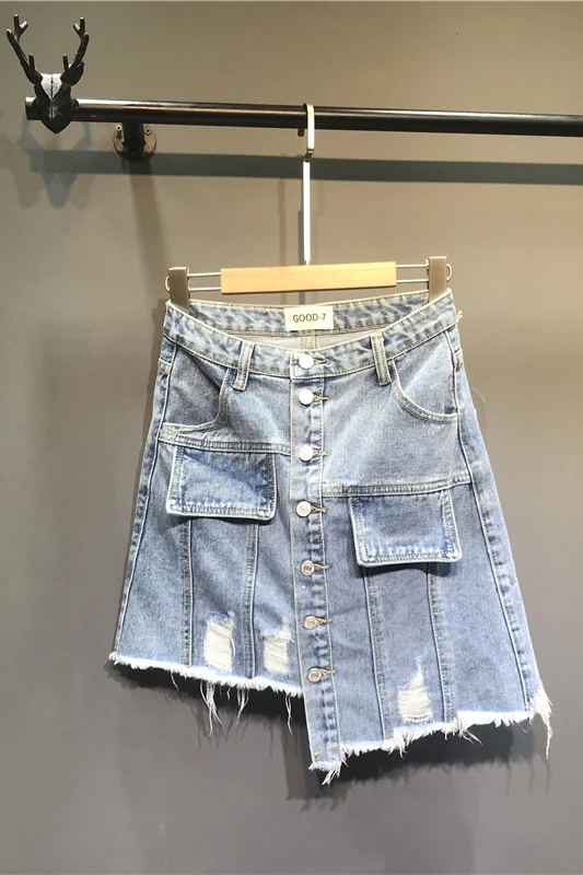 

2019 Women A-Line Skirt Denim Cotton Pockets Irregular Above Knee Mini Length Empire Waist 2019