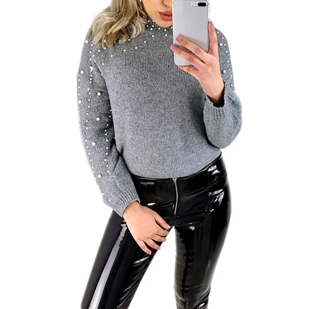 2018 Autumn Winter Thicken Sweater Pullover Tops Women Turtleneck Pearl Beading Long Sleeved Casual Loose Knitting Warm Sweaters | Женская