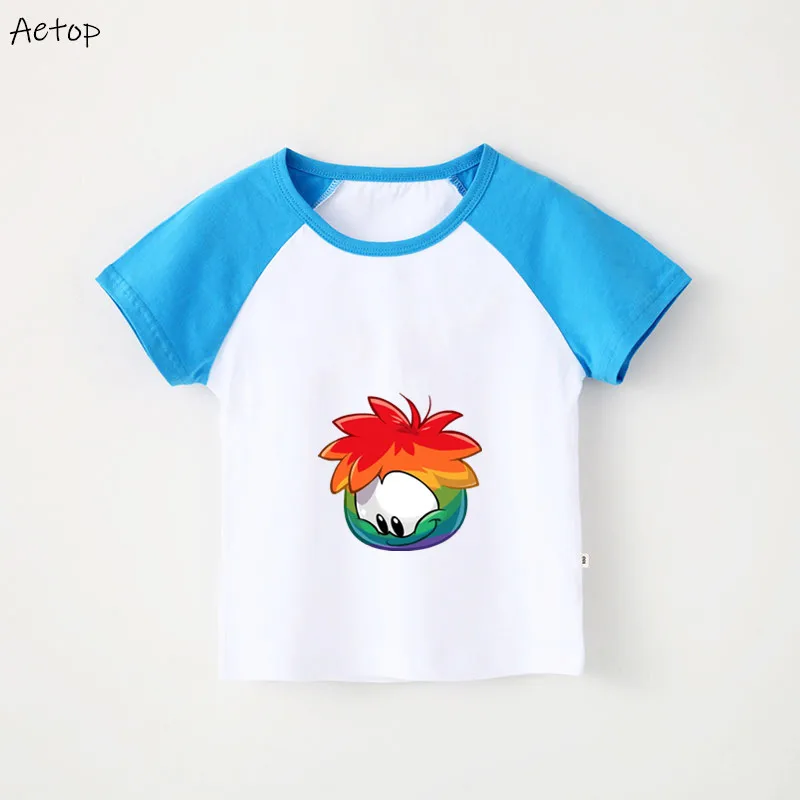Kids Fashion New Club Penguin Rainbow Puffle T Shirt children Pure Cotton Game Short Sleeve t shirt The Cake print T-shirt | Мать и