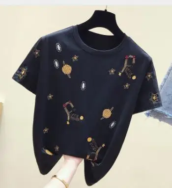 Черный Вышивка хлопок белая футболка Женские топы мода короткий рукав винтажная женская футболка Повседневная Черная футболка Femme Лето - Цвет: Черный