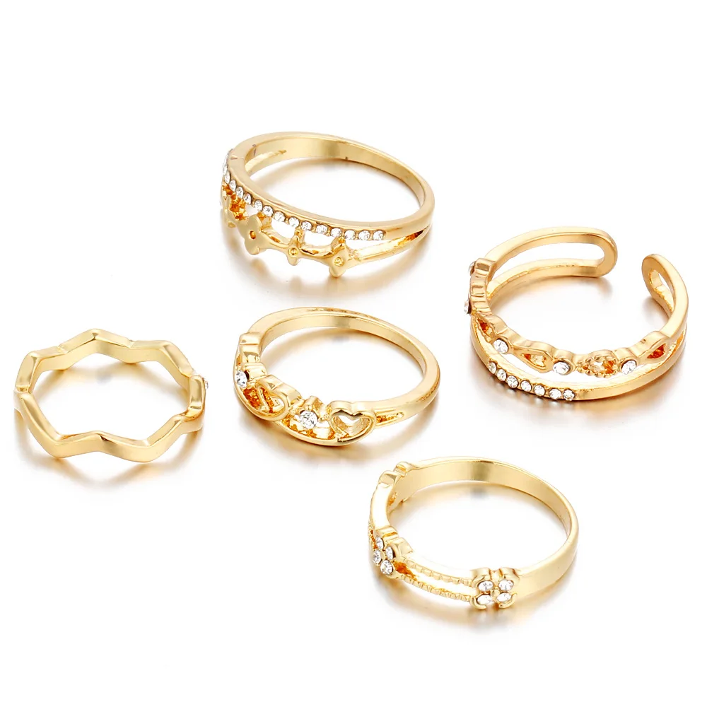 5 шт./компл. комплект позолоченных серебряных колец в форме сердца с кристаллами