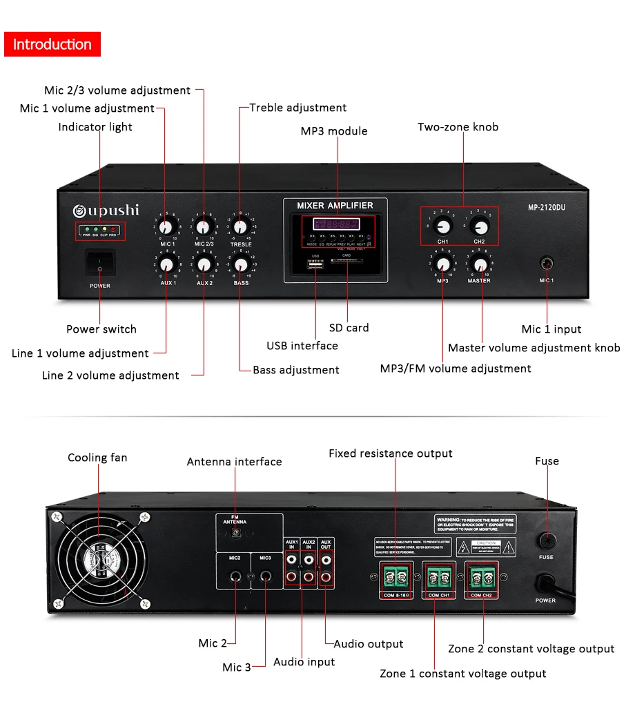 Oupushi MP-2120DU широкоформатный Bluetooth усилитель USD/SD воспроизведение карт с пультом дистанционного управления