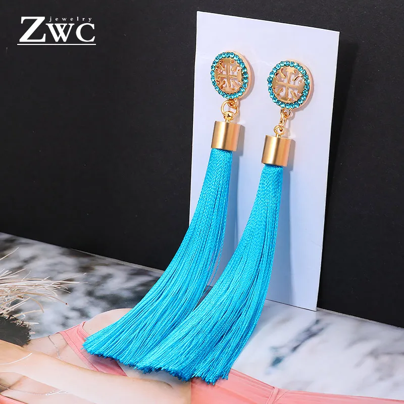 ZWC, Модный кристалл, Длинная кисточка, висячие серьги для женщин, женские богемные Этнические красные и черные Ювелирные серьги с бахромой оптом - Окраска металла: SkyBlueB