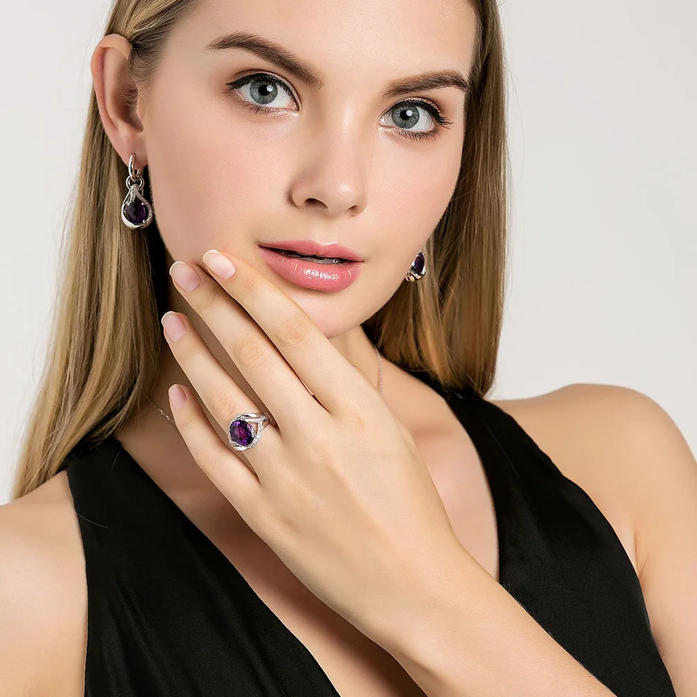 L&zuan Natural 4.71CT Amethyst Rings for Women 925 Sterling Silver Fine Jewelry Cubic Zircons Party Ring Female Accessories