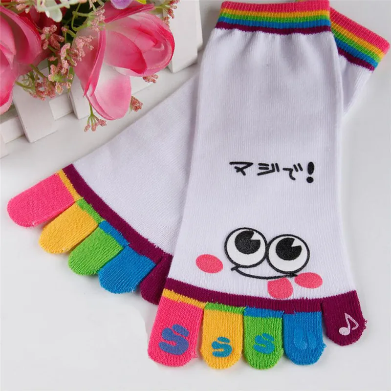 Kawaii Women's Five Toe Socks 5Pairs/Lot Cartoon Smiley Face Skid Resistance 5 Finger Female Lady Colorful Finger Cotton Sock