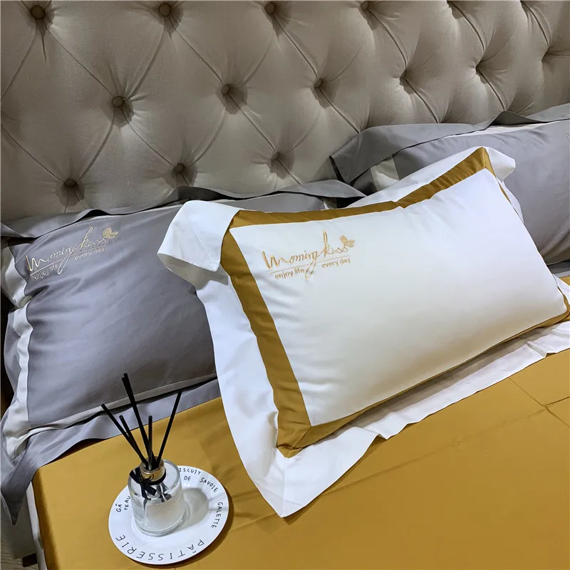 New 60S egyptian Cotton Bedlinen Luxury bedclothes Bedcover Silk ribbon Duvet Cover Bedding Set queen king size bed set | Дом и сад