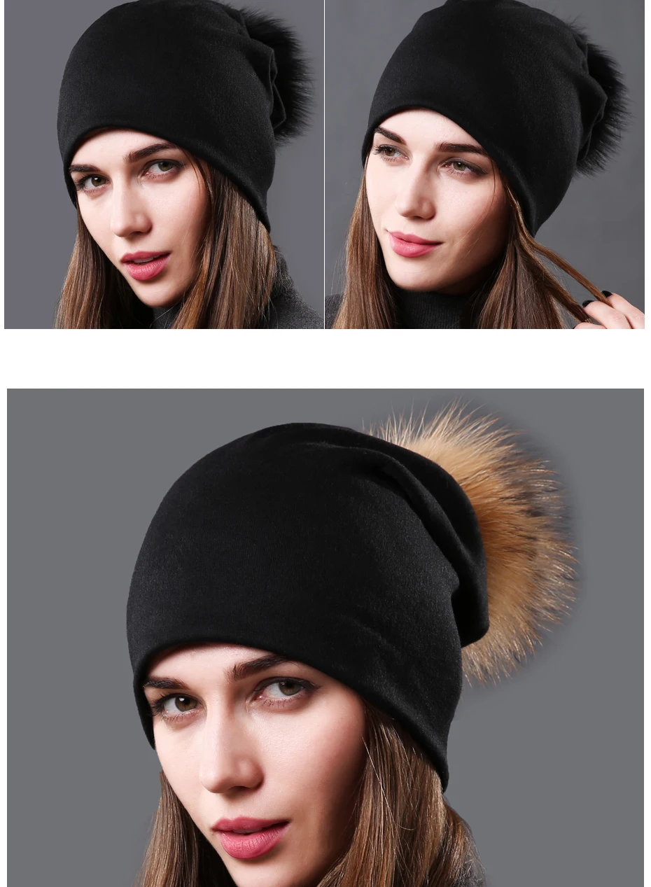 Шапки с помпонами из натурального меха енота, осенние шапки skullies beanies, женские модные однотонные кепки, зимняя теплая Женская хлопковая шапка