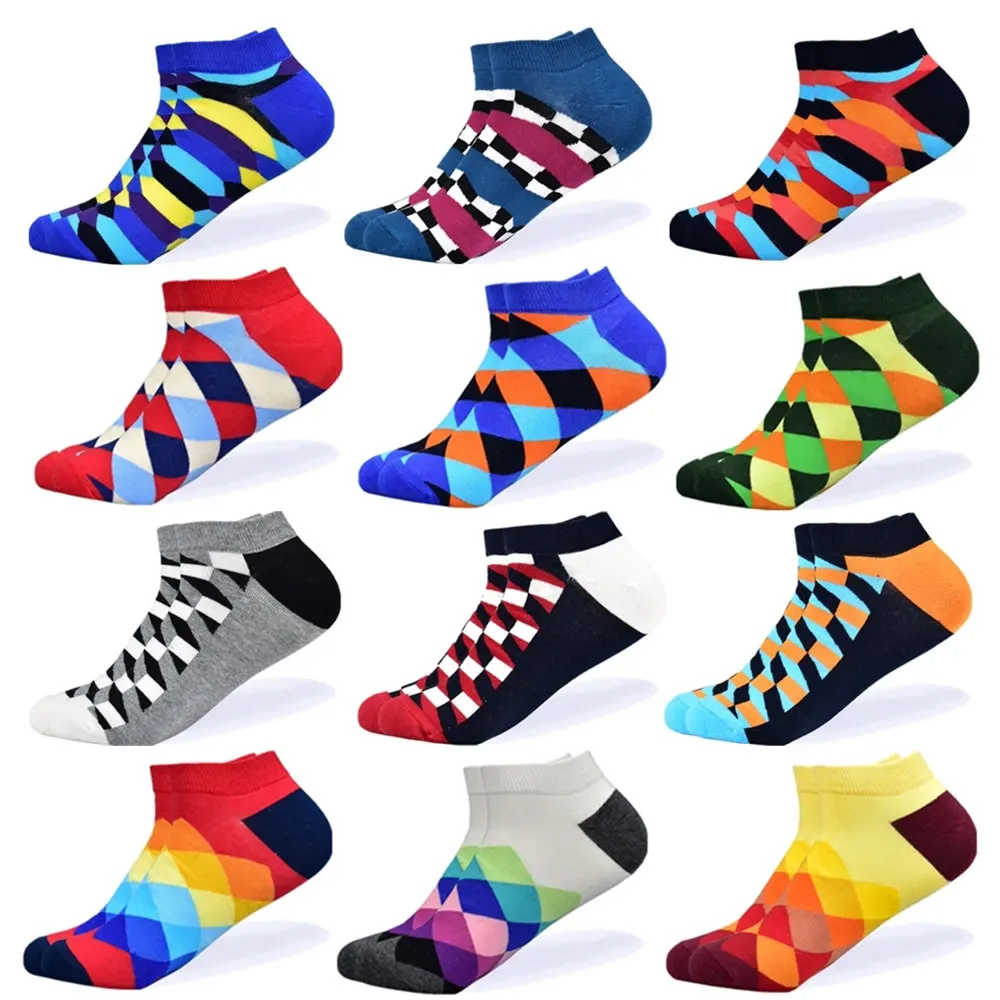 12 pairs-5 Носки мужские новейшие дизайнерские носки-башмачки короткие летние носки качественные деловые разноцветные мужские хлопковые носки с геометрическими узорами - Цвет: 12 pairs-5
