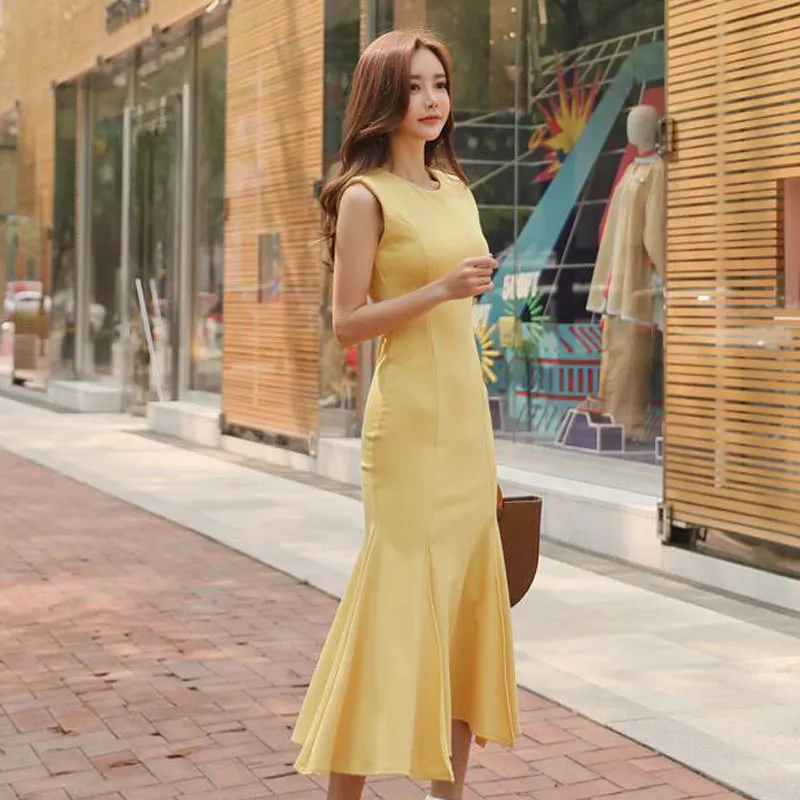 Foamlina, сексуальное вечернее платье, vestidos robe Femme,, элегантное, желтое, без рукавов, с воланом, миди, платье для женщин, летнее платье