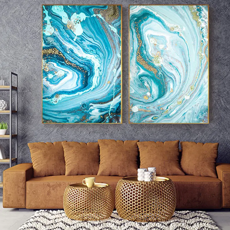 Современный абстрактный зеленый синий Fusion Wall Art Cuadro Мода Золотая фольга холст живопись для гостиной печать N плакат скандинавском стиле