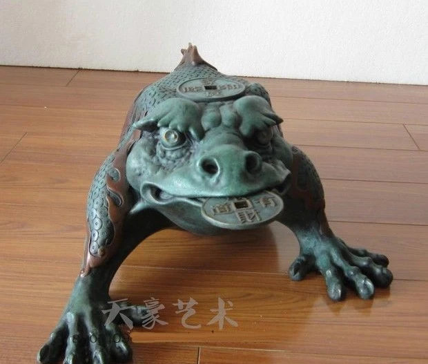 Китайские Бронзовые Медь Скульптура Фэншуй Богатство Монета Золотая жаба Spittor