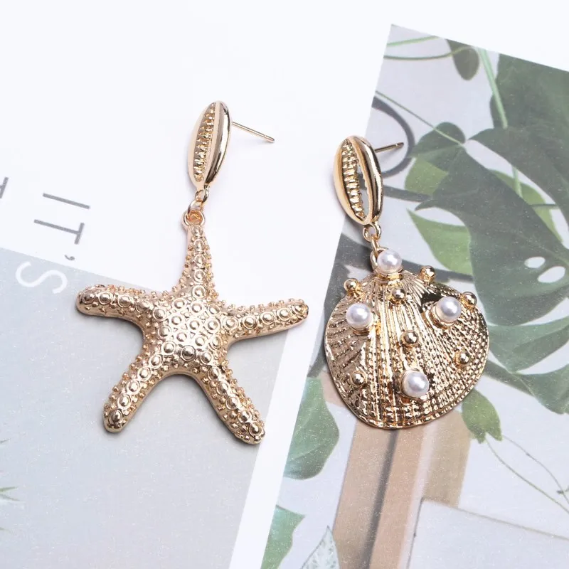 

Bohemian Sea Shell Drop Earrings For Women Metal Starfish Conch Shell Cowrie Statement Earrings Summer Beach Jewelry