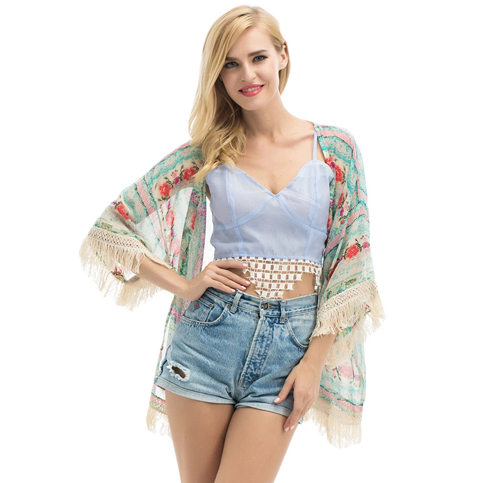 Женский винтажный пляжный кардиган Boho с кисточками и цветочным принтом на лето