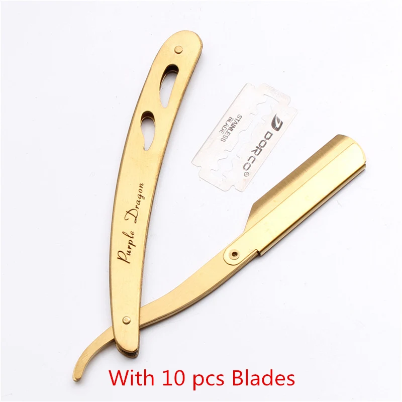 Gold with blade Ретро Мужская Парикмахерская бритва для бритья бороды и лезвия складной нож для бритья из нержавеющей стали прямой держатель для бритвы инструменты для бороды 5 цветов - Цвет: Gold with blade