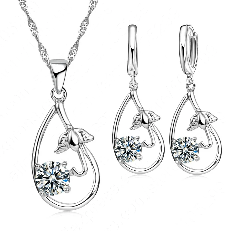 

Big Discount 925 Sterling Silver Waterdrop CZ Jewelry Set Flower Pendant Necklace Earrings for Women Free Shipping