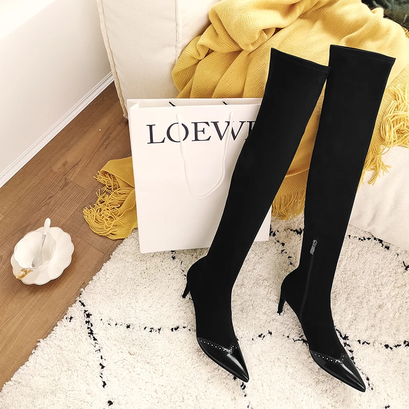 ISNOM Stretch Sock Boots Women Ankle Boots Pointed Toe Cow Leather Shoes Female Short Party High Heels Shoes Ladies Autumn