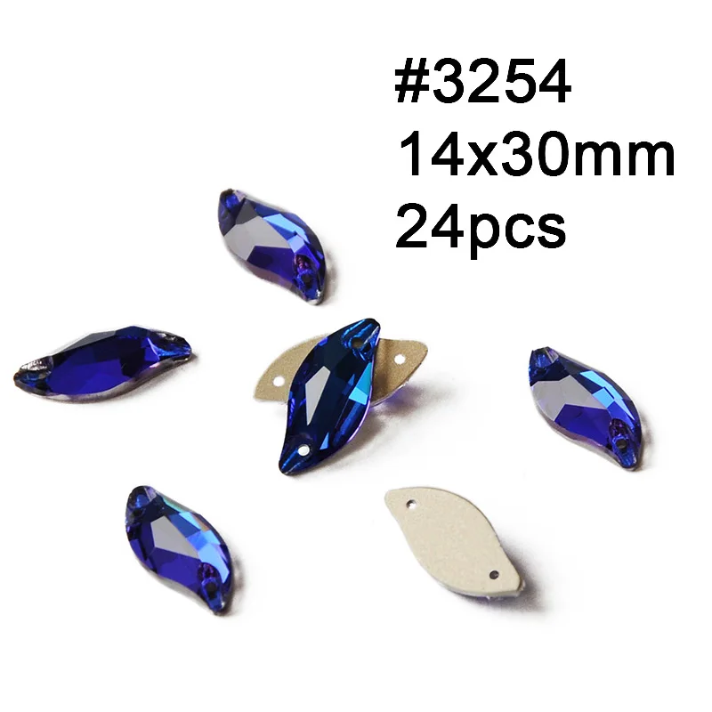 Leaf 14X30mm 24pcs Разные размеры Форма Стразы 243 голубое стекло Швейные Кристаллы с плоской задней частью 2 отверстия Свободные Стразы шьют на Стразы для женского платья - Цвет: Leaf 14X30mm 24pcs